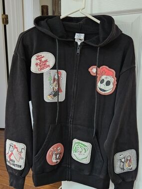 Nightmare Before Christmas Black Zip-Up Hoodie with Character Patch Appliqués